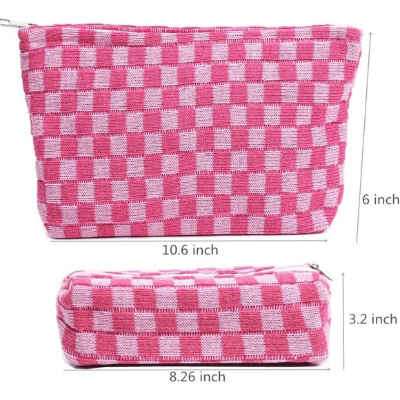 Women Large Cosmetic Bag Set with Makeup Brush Bag Checkered Cosmetic Pouch Pink - Picture 4 of 5